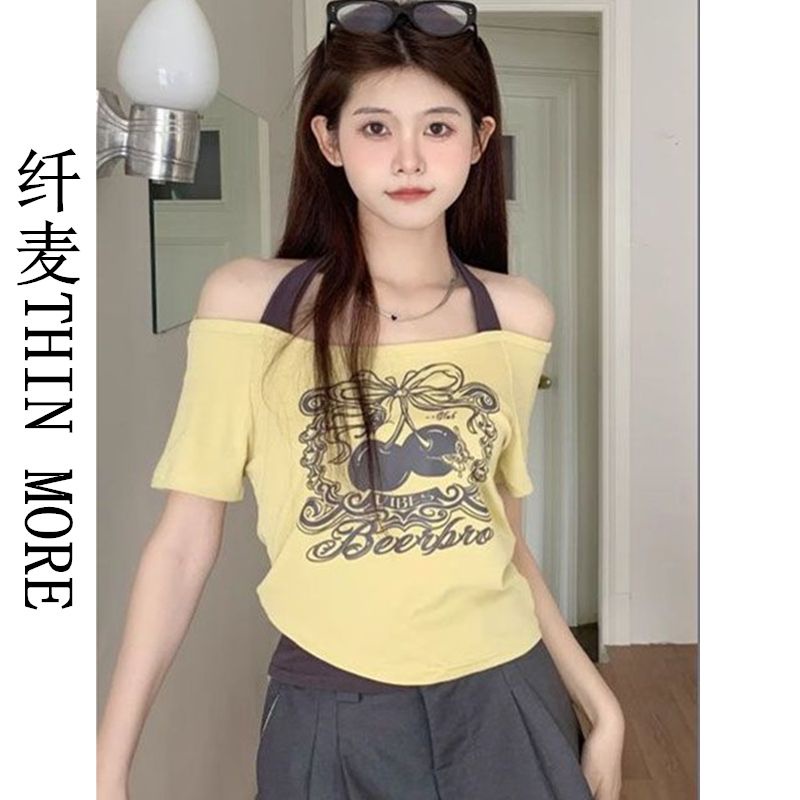 Áo Thun Ngắn Tay Giả Hai Lớp Màu Sắc Tương Phản Phong Cách Retro Dành Cho Nữ