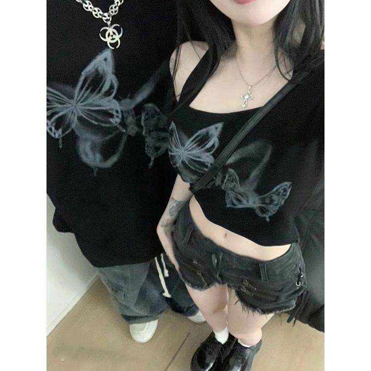 Áo Thun Tay Ngắn Hở Vai In Họa Tiết Bướm Phong Cách Retro Dành Cho Nữ
