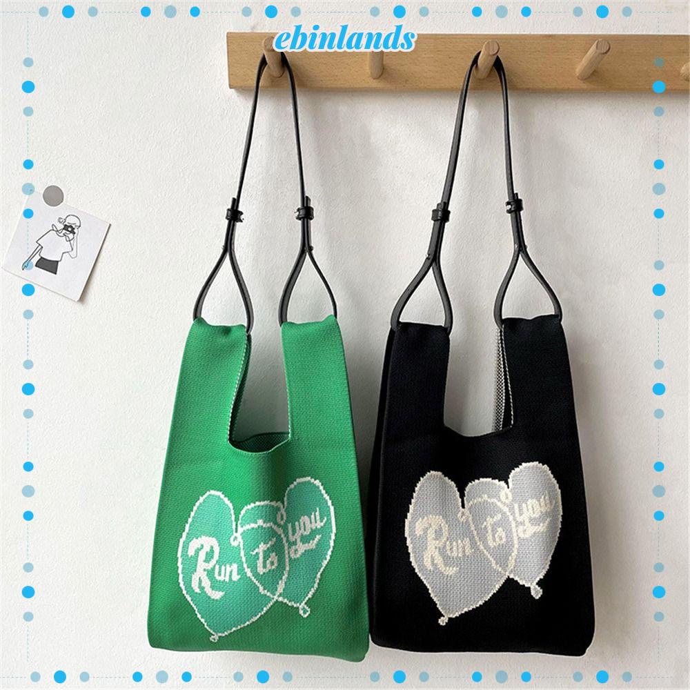 EBINLANDS Túi Xách Đan Len Thủ Công In Họa Tiết Trái Tim Xinh Xắn Cho Nữ