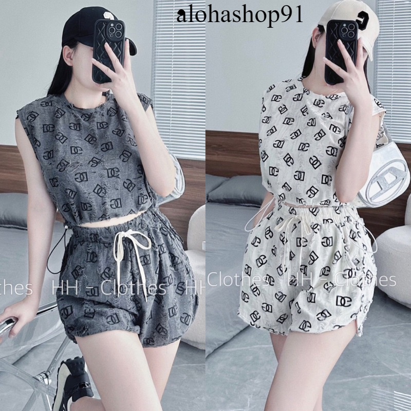 Set Bộ Áo Sát Nách Croptop Rút + Quần Short Đùi AXT, MK alohashop91
