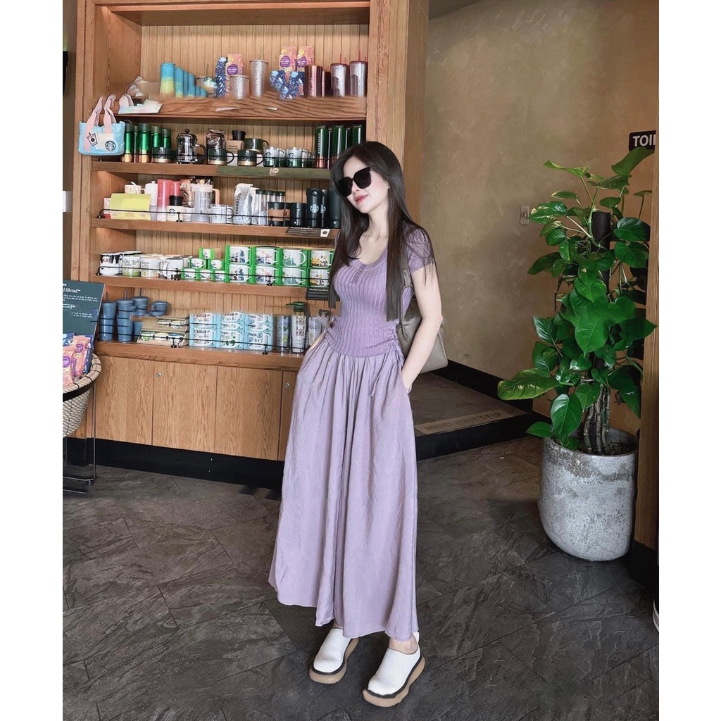 Set áo tăm rút dây phối quần ống rộng màu tím