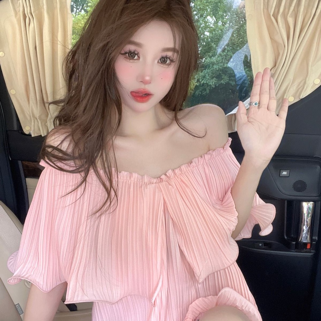 Áo Sơ Mi Trễ Vai Nhún Bèo Màu Trơn Chống Nắng Thời Trang Mùa Hè Quyến Rũ Cho Nữ