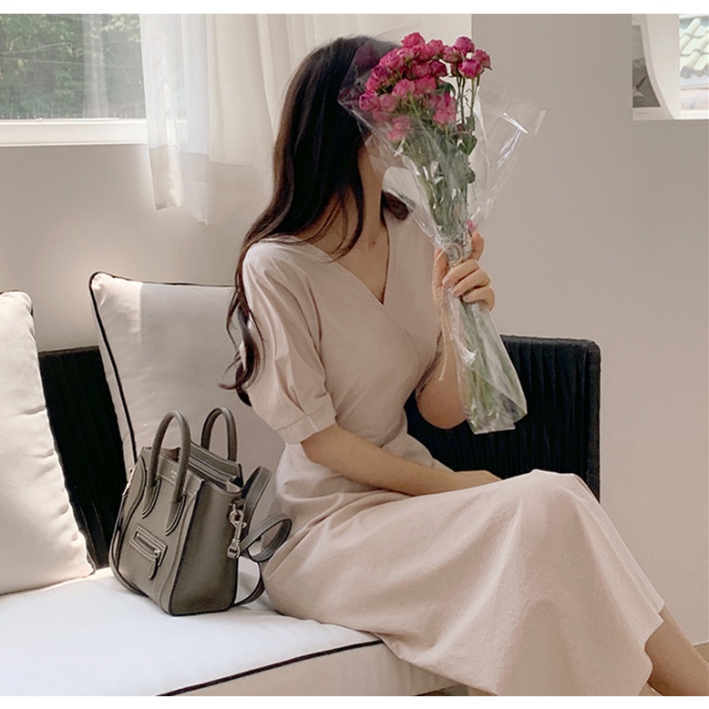 SUXI Đầm Dáng Chữ A Cổ Chữ V Màu Sắc Trơn Phong Cách Hàn Quốc Dành Cho Nữ