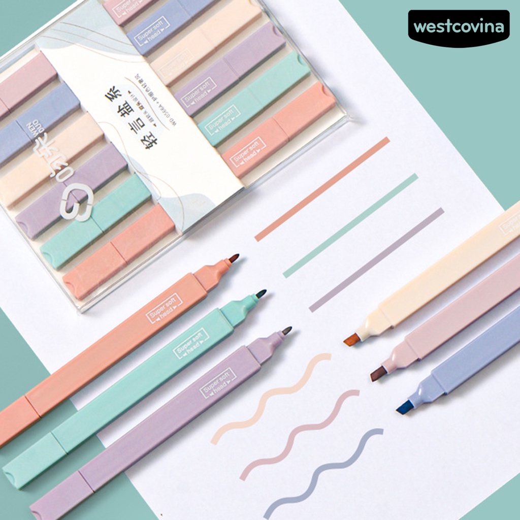 [WSTN]✎Set 6 Bút Lông Hai Đầu Ngòi Mềm Mại Màu Macaron Dễ Thương