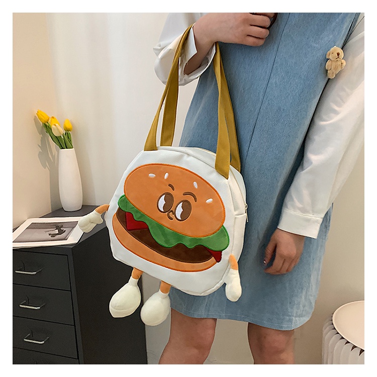 Túi Xách Đeo Vai Vải Canvas Mềm In Hoạt Hình hamburger Nhật Bản Dễ Thương Cho Nữ