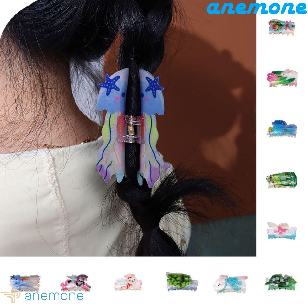 ANEMONE Kẹp Tóc Móng Vuốt In Họa Tiết Hoa Lan / Chim Hình Học Vui Nhộn Không Đều Lưng