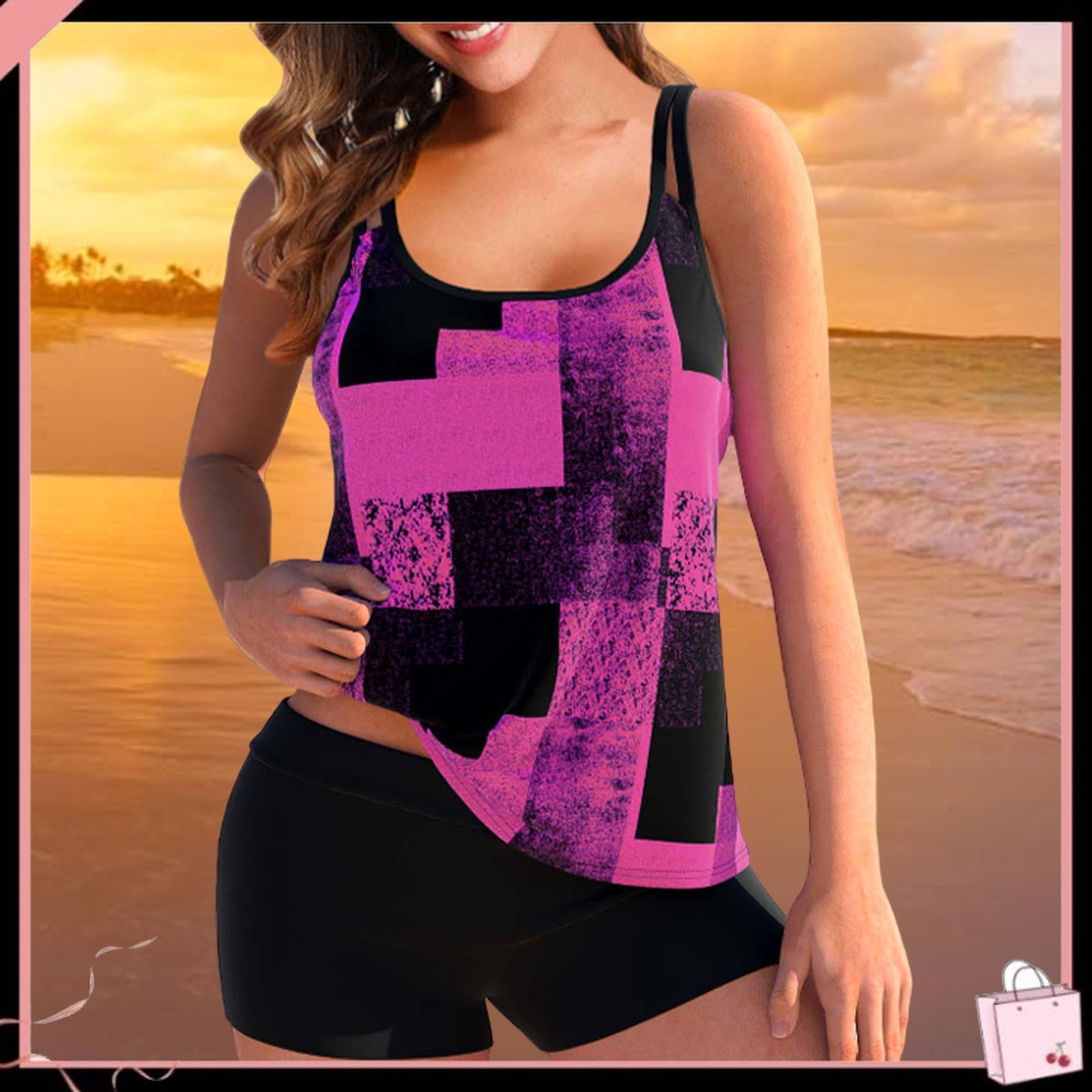 Bộ Đồ Bơi 2 Mảnh Gồm Áo Không Tay + Quần Ngắn In Họa Tiết Khối Màu Có Dây Đeo Cổ Dành Cho Nữ