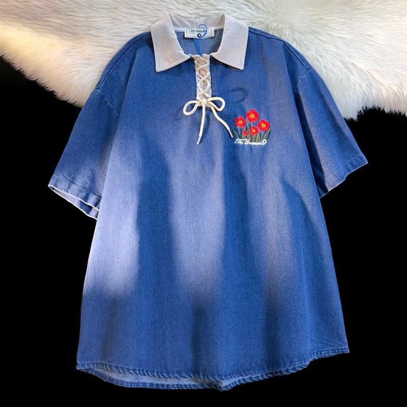 Áo Thun Polo Denim Ngắn Tay Thêu Hoa Thời Trang Dành Cho Nữ