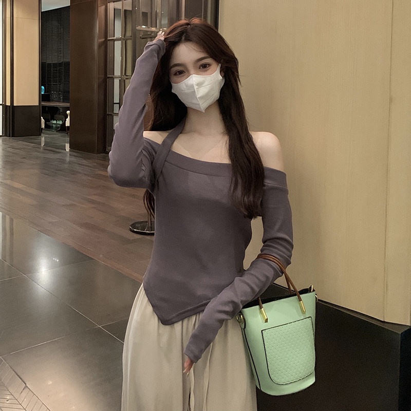 Áo Thun Tay Dài Hở Va, Áo thun trễ vai vạt chéo chất thun bo zip dày dặn co giãn thoải mái