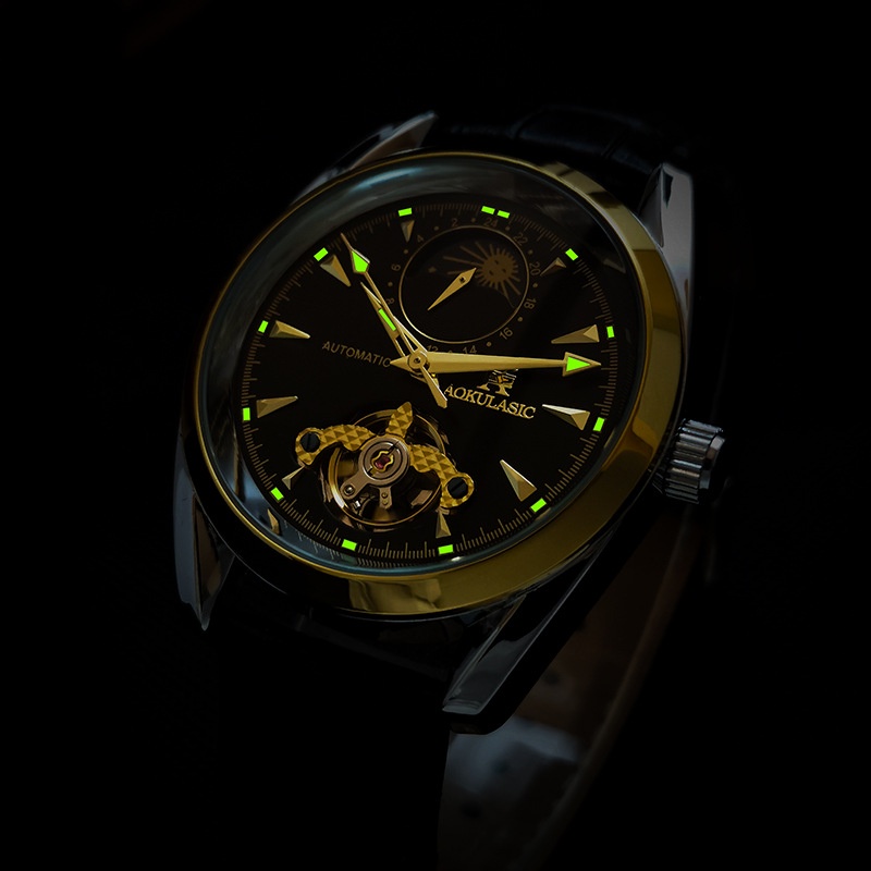 Đồng Hồ Cơ Tự Động Chống Thấm Nước Hình Bánh Đà Rỗng Mặt Trăng Phát Sáng Đa Năng Cao Cấp Cho Nam