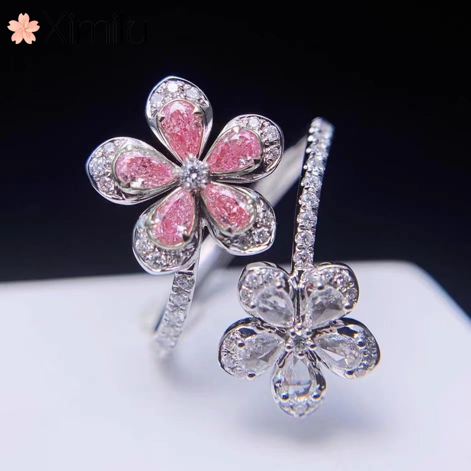 ♥ Nhẫn Bạc Đính Pha Lê Màu Hồng Hoa Anh Đào Cao Cấp Có Thể Điều Chỉnh Kích Cỡ