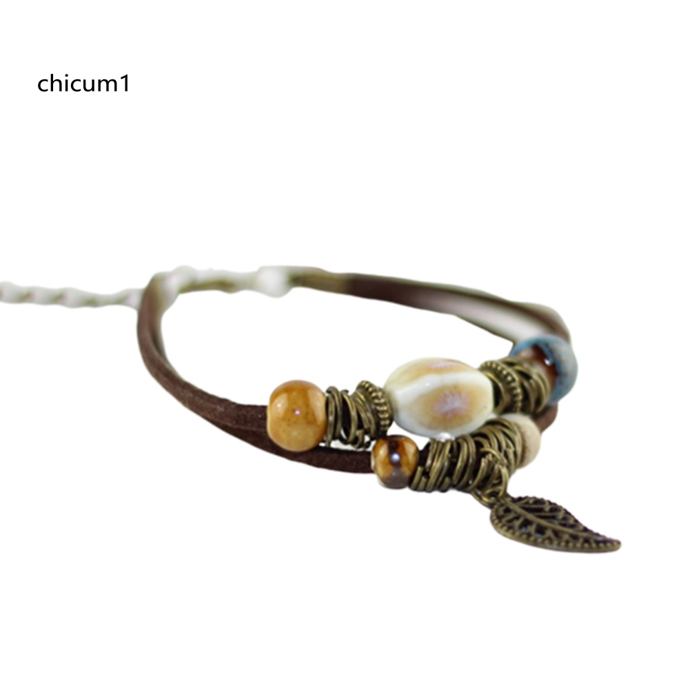 Vòng Tay Da Hai Lớp Đính Hạt Gốm Và Lá Phong Cách Bohemian