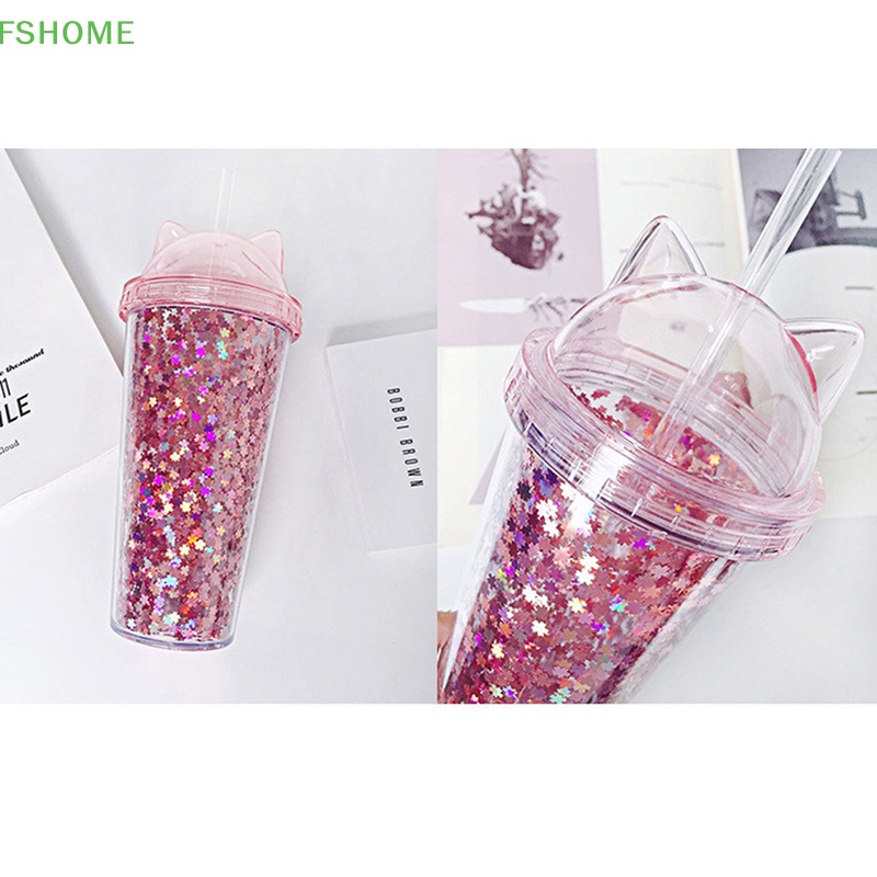 Fshome Cốc Đôi Cách Nhiệt Hai Lớp Có Nắp Và Ống Hút Ánh Kim Đơn Giản Dùng Khi Đi Mua Sắm Du Lịch Nóng Lạnh