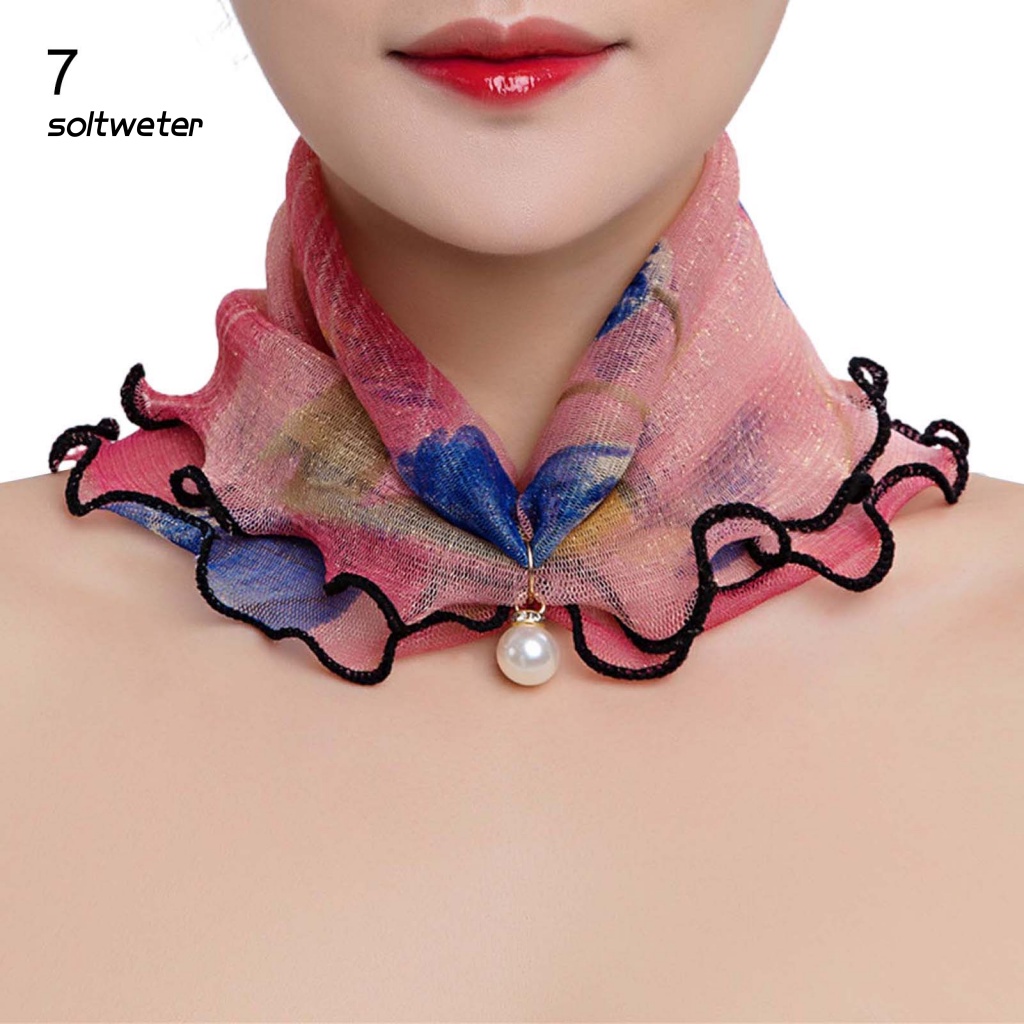 St Khăn Choàng Cổ In Họa Tiết Đính Ngọc Trai Giả Viền Bèo Bền Bỉ Dành Cho Bạn Nữ Mặ