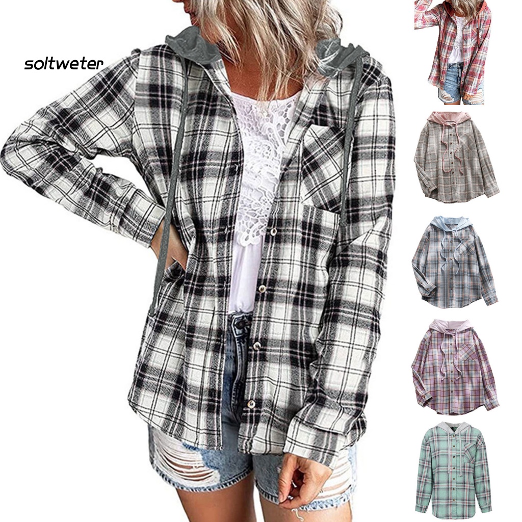 Áo Sơ Mi Tay Dài Có Nón Và Dây Rút In Họa Tiết Caro Cổ Điển Thời Trang Mùa Thu Cho Nữ