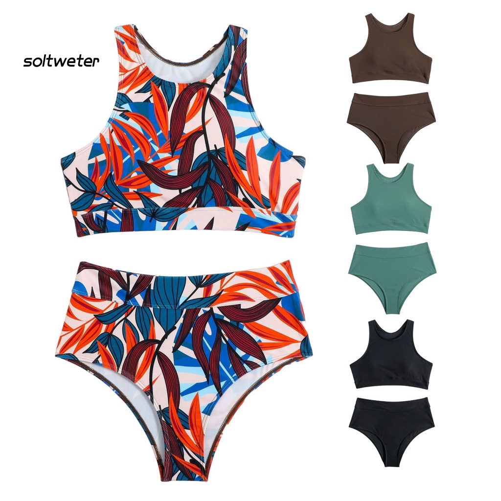 Bộ Bikini 2 Mảnh Không Gọng Cổ Tròn Lưng Cao Màu Trơn Cho Nữ