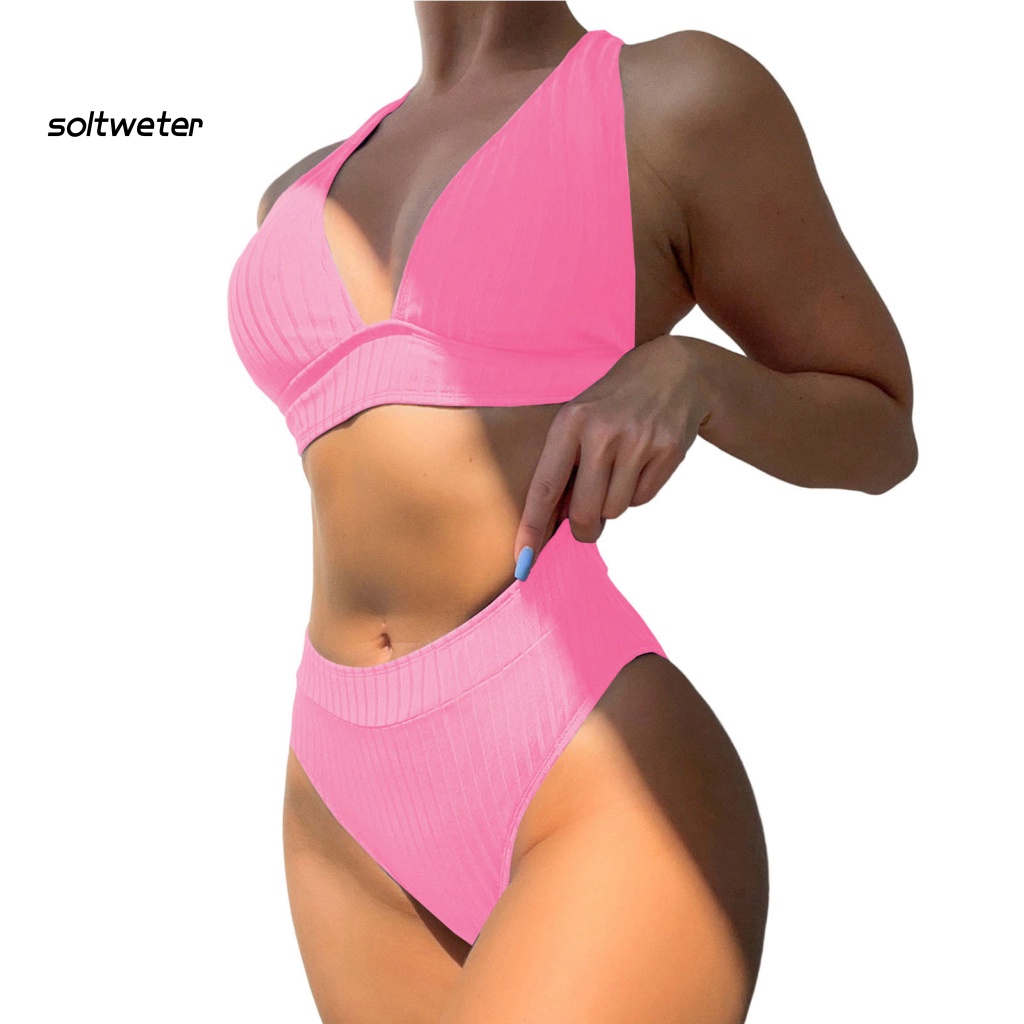 Bộ Bikini 2 Mảnh Màu Trơn Cổ V Sâu Lưng Cao Có Gân Và Quần Lót Gợi Cảm Cho Nữ