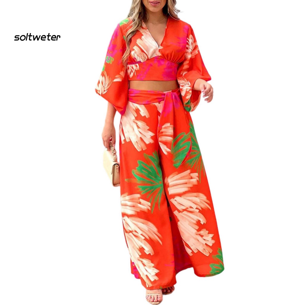 Bộ Trang Phục 2 Mảnh Gồm Áo Croptop Tay Lửng Cổ Chữ V Eo Cao Có Túi In Hoa Và Quần Dài Ống Rộng Thời Trang Công Sở