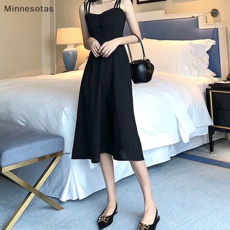 Đầm Hai Dây Dáng Chữ a Màu Trơn Hở Lưng Thời Trang Mùa Hè Hàn Quốc Quyến Rũ Cho Nữ