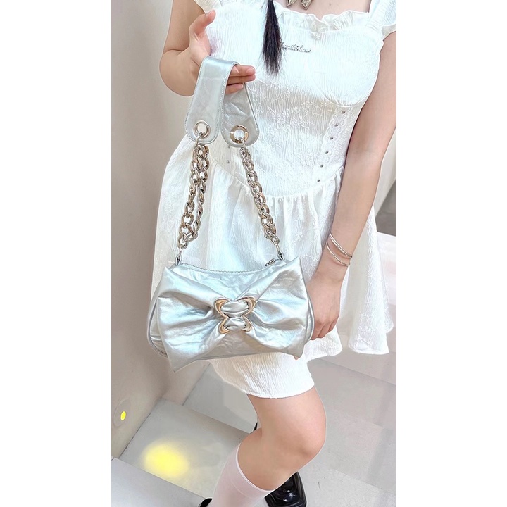 Túi Xách Đeo Vai Phối Dây Xích Y2k Đính Nơ Trẻ Trung Xinh Xắn