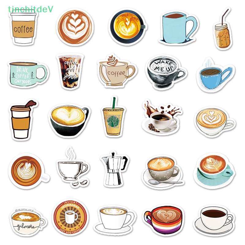 Bộ 50 Miếng Dán Hình Cà Phê Hoạt Hình Trang Trí Laptop / Scooter DIY