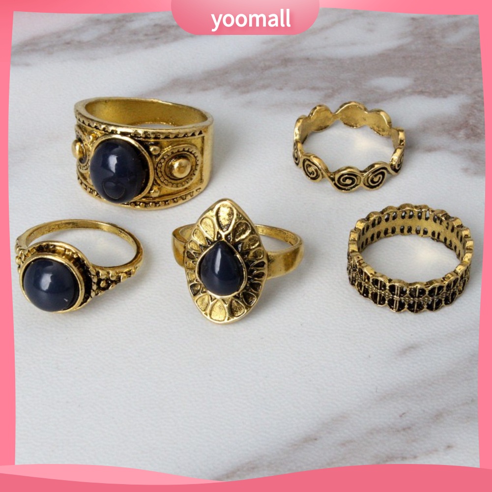 Bộ 5 Nhẫn Hợp Kim Đính Đá Xanh Phong Cách Bohemian Cổ Điển