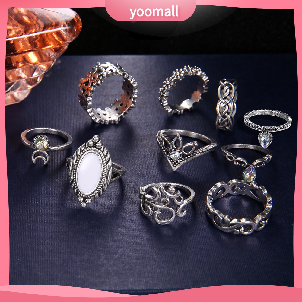 Set 10 Nhẫn Đốt Ngón Tay Đính Đá Opal Phong Cách Retro