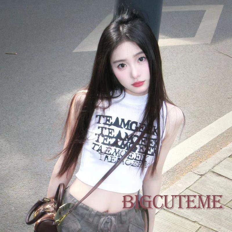 Áo Croptop Sát Nách Cổ Đứng Ôm Dáng In Chữ Thời Trang Đường Phố Mùa Hè Cho Nữ