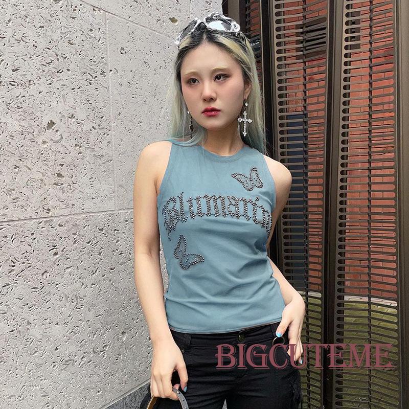 Áo Croptop Sát Nách In Chữ Đính Đá Phong Cách Đường Phố Thời Trang Mùa Hè Cho Nữ