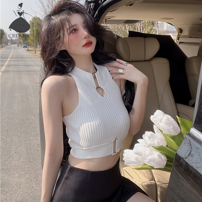 Áo Dệt Kim Sát Nách Khoét Lỗ Phong Cách Vintage Gợi Cảm Cho Nữ