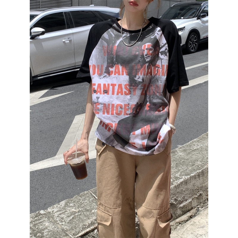 Áo Thun Ngắn Tay Dáng Rộng In Họa Tiết Màu Sắc Tương Phản Cá Tính