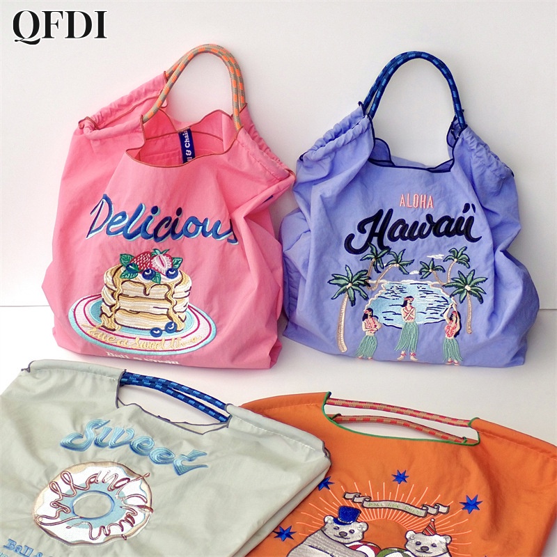 Qfdi Túi Mua Sắm nylon Thêu Họa Tiết Phong Cách Nhật Bản Bảo Vệ Môi Trường Cho Học Sinh