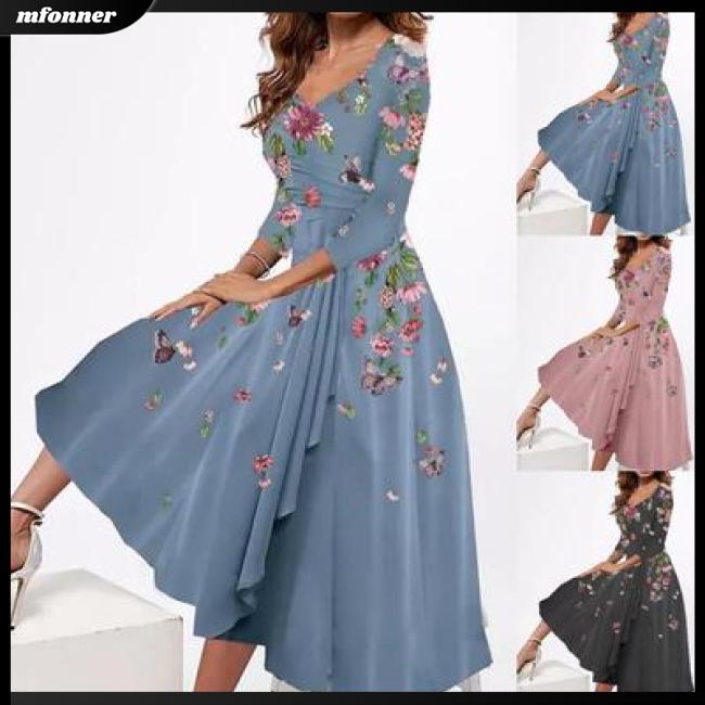Đầm Midi Tay Lỡ 3 / 4 Dáng Rộng Cổ Chữ V In Hoa Thời Trang Mùa Hè Cho Nữ