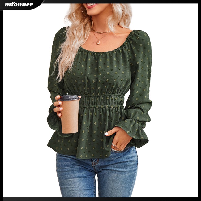 Áo Kiểu Tay Dài Cổ Tròn Phối Bèo Màu Trơn Thời Trang Thanh Lịch Cho Nữ