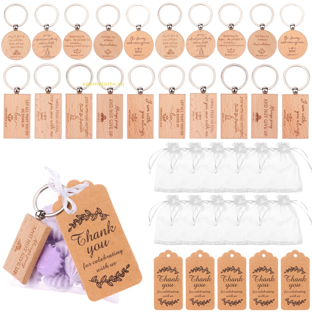 Set 50 Móc Khóa In Câu Trích Dẫn Bằng Gỗ Kèm Thẻ In Chữ Thank You Và Túi Organza Christian