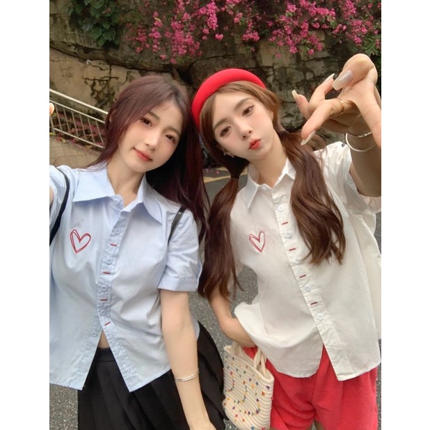 Áo Sơ Mi Tay Ngắn Cổ Polo Thêu Hình Trái Tim Thời Trang Mùa Hè Hàn Quốc Mới Dành Cho Bạn