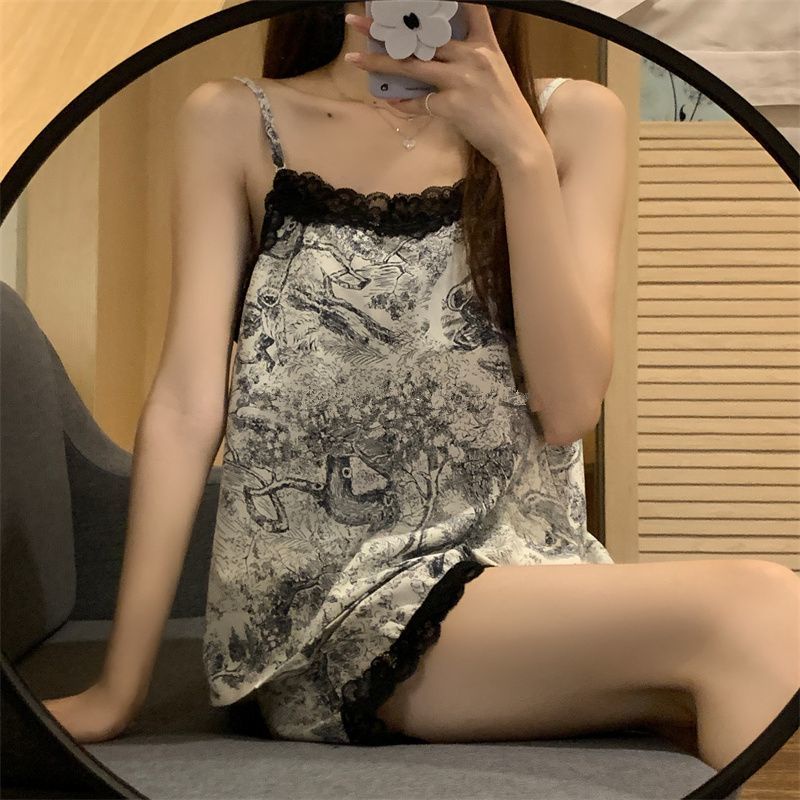 Bộ Đồ Ngủ Vải Lụa Phối Ren In Họa Tiết Thời Trang Mùa Hè Cho Nữ w9n9