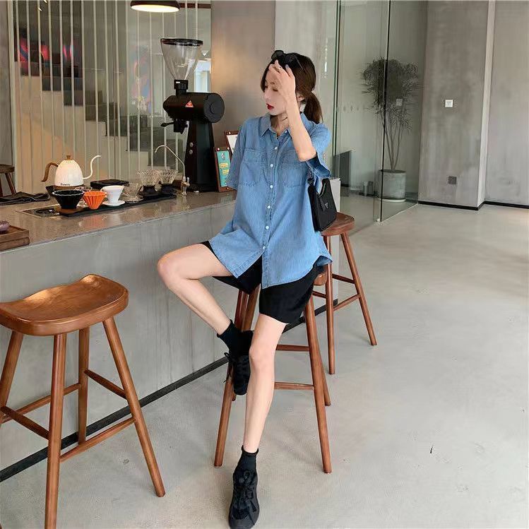 Áo Sơ Mi Denim Tay Ngắn Thời Trang Mùa Hè 2023 Dành Cho Nữ