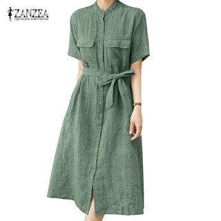 Zanzea Đầm Tay Ngắn Cổ Bẻ Thắt Eo Thời Trang Hàn Quốc Dành Cho Nữ