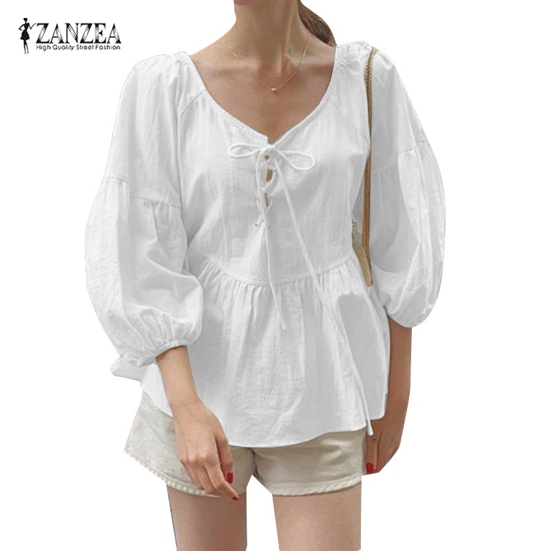Zanzea Áo Sơ Mi Tay Lửng Cổ Chữ V Màu Trơn Phong Cách Hàn Quốc Dành Cho Nữ