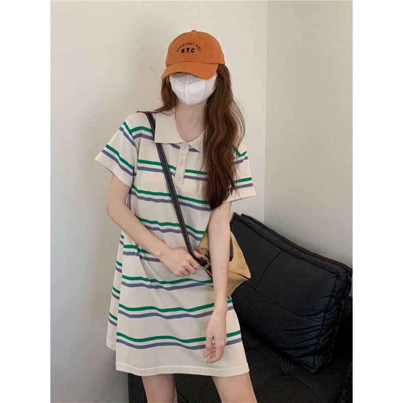 Đầm Dệt Kim Tay Ngắn Dáng Rộng Họa Tiết Kẻ Sọc Màu Sắc Tương Phản Thời Trang Mùa Hè