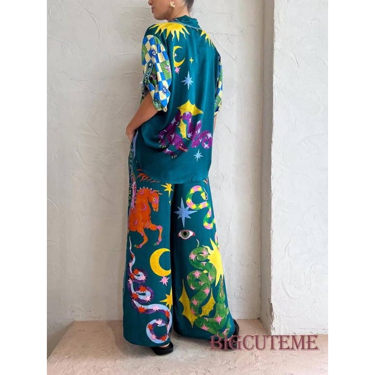 Set Áo Sơ Mi 2 Dây + Quần Dài Cài Nút In Họa Tiết Phong Cách Đường Phố Cá Tính Cho Nữ