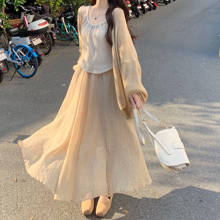 Set Áo Khoác Cardigan Dệt Kim + Áo Tank Top Hai Dây + Chân Váy Lửng Thời Trang Nữ
