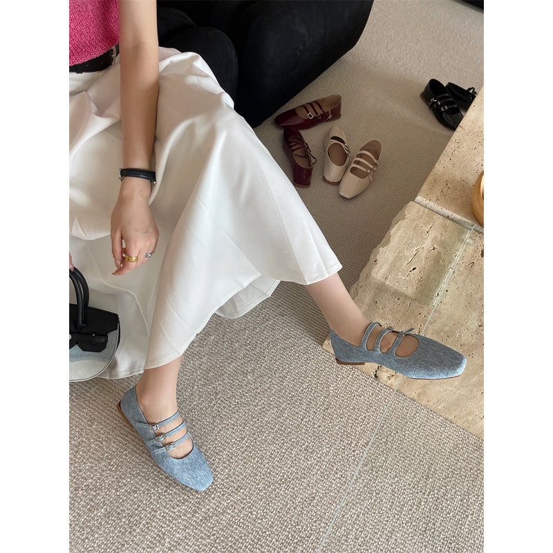 Giày Búp Bê Mary Jane Mũi Vuông Quai Denim Phong Cách Mới 2023