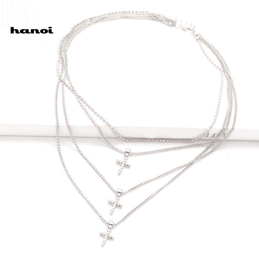 Vòng cổ Đa LớP MặT Chữ ThậP ĐíNh Kim Cương Giả ThờI Trang Cho Nữ