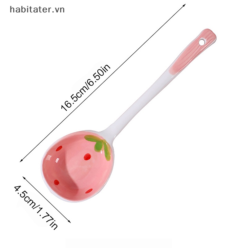 1 Muỗng Ăn Kem / Súp Bằng Sứ Tay Cầm Dài Họa Tiết Dâu Tây Dễ Thương Dùng Trong Nhà Bếp