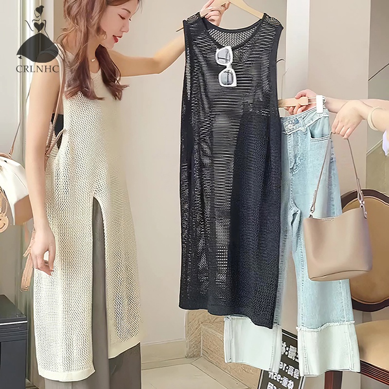 Đầm midi CRLNHC cổ tròn màu trơn khoét lỗ thời trang cho nữ