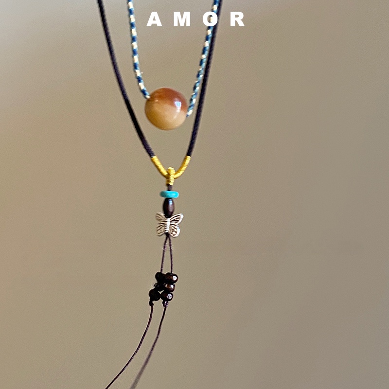 Vòng Cổ Hai Lớp Mặt Bướm Mã Não Thiết Kế Mới Thời Trang Theo Phong Cách Trung Hoa