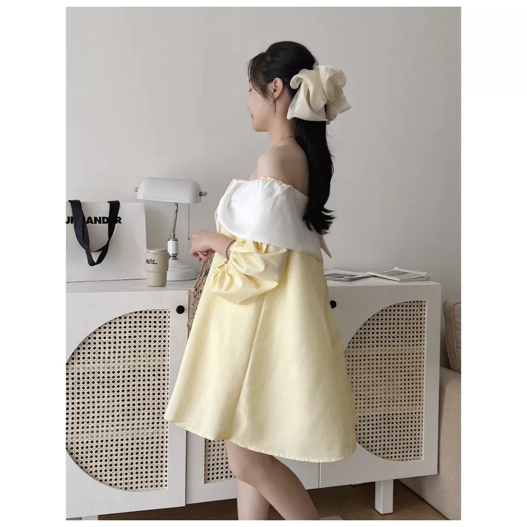 Váy hồng thắt nơ đơn giản dễ thương đi tiệc, đầm babydoll trễ vai công chúa sang chảnh tiểu thư