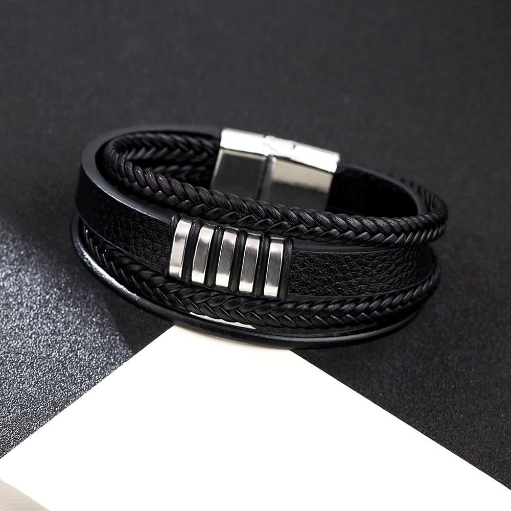 Vòng Tay Da Nhiều Lớp Khóa Nam Châm Bằng Thép Không Gỉ Phong Cách Âu Mỹ